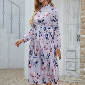 High Neck Long Sleeves Lilac Floral Print Midi Dress | XL